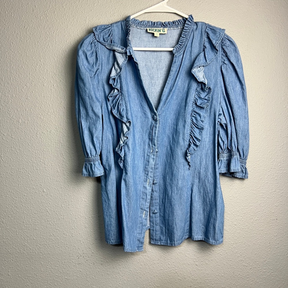ROCKIN C Denim Ruffle Button Front Shirt Dress Denim‎ Blue Cotton Size Medium